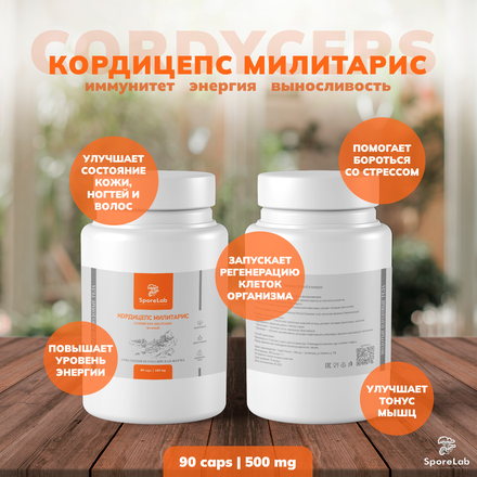 Карточка для маркетплейса SporeLab: банки «Кордицепс милитарис» с выносками о свойствах