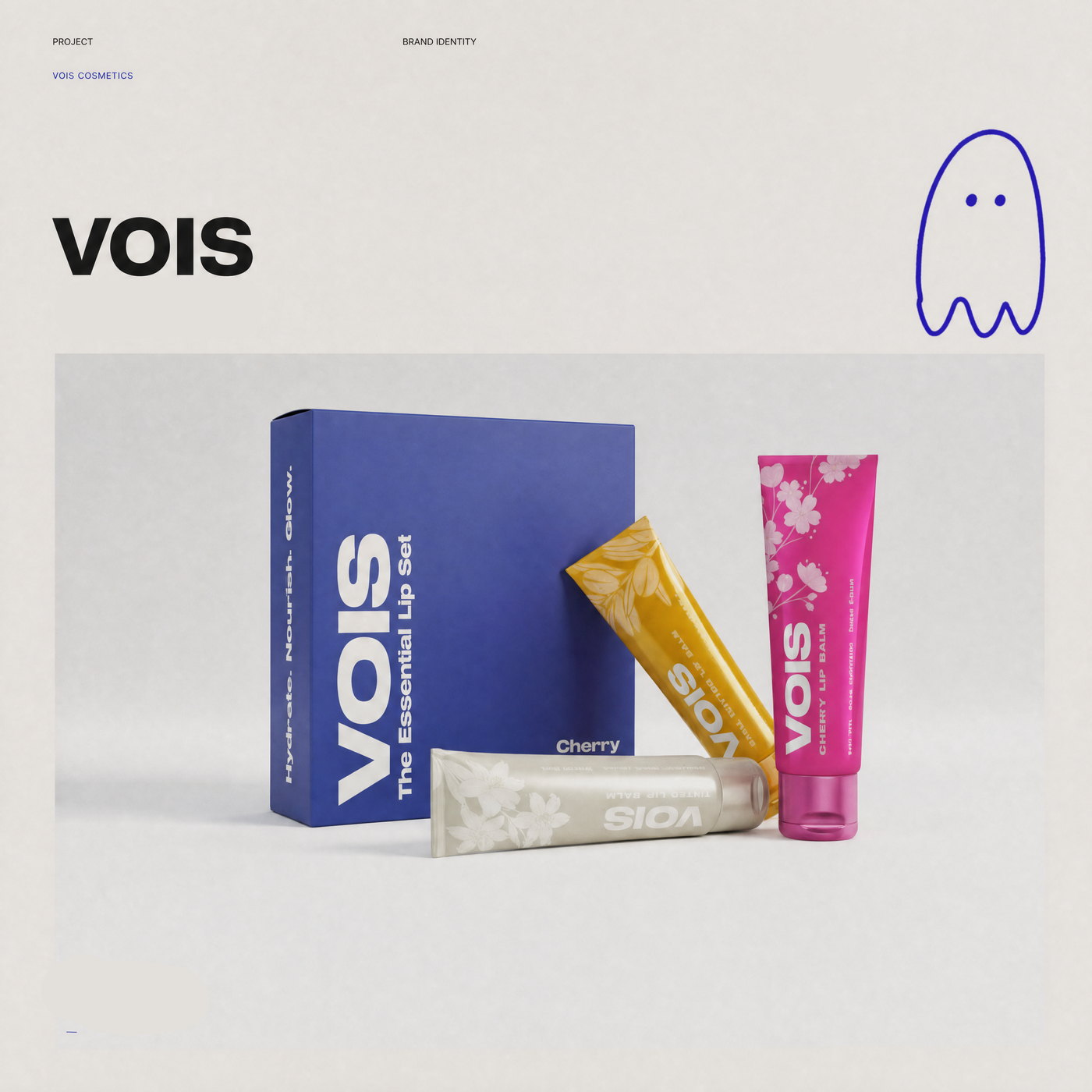 Обложка кейса VOIS: коробка The Essential Lip Set и три тубы бальзама для губ